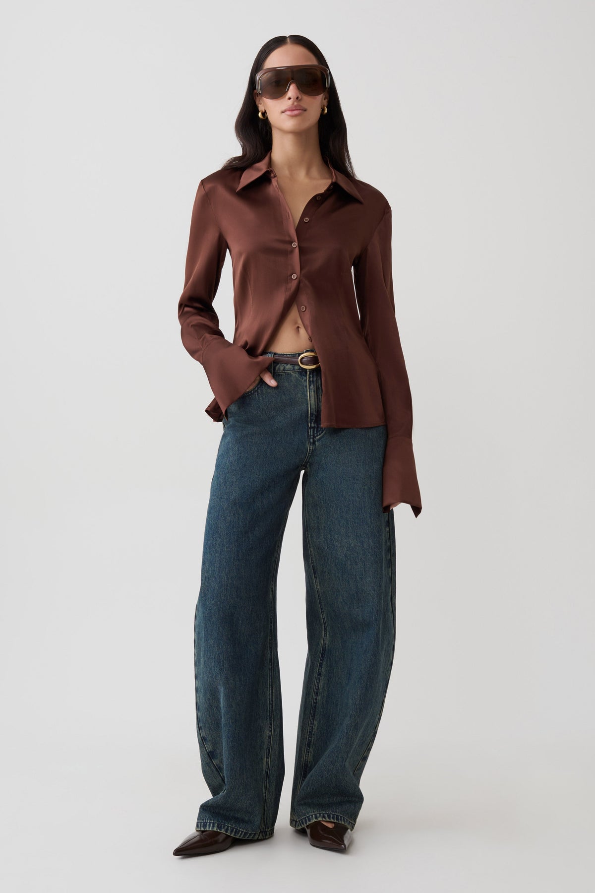 Queenie Silk Long Sleeve Shirt - Dark Chocolate