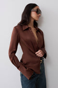 Queenie Silk Long Sleeve Shirt - Dark Chocolate