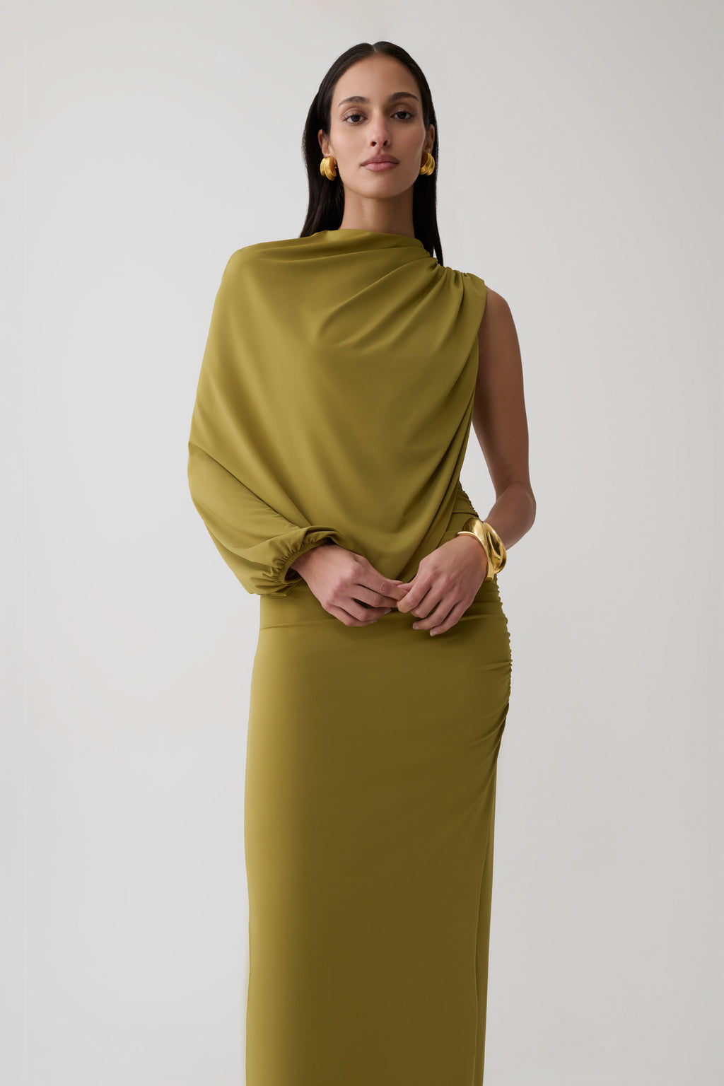 Yuri Gather Sleeve Maxi Dress - Martini Olive