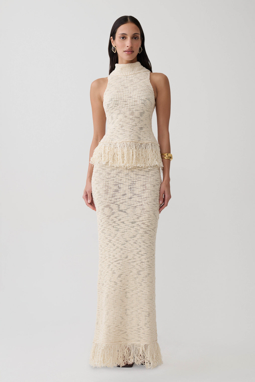 Giovanni Fringe Knit Maxi Skirt - Cream