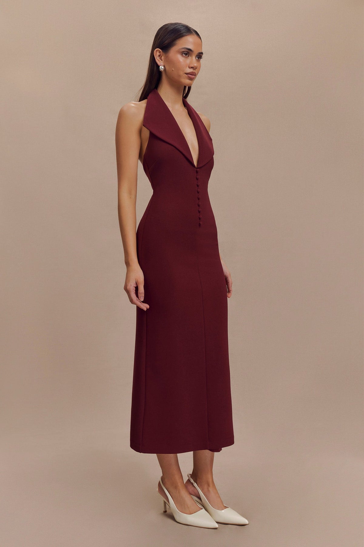 Annita Crepe Halter Midi Dress - Merlot