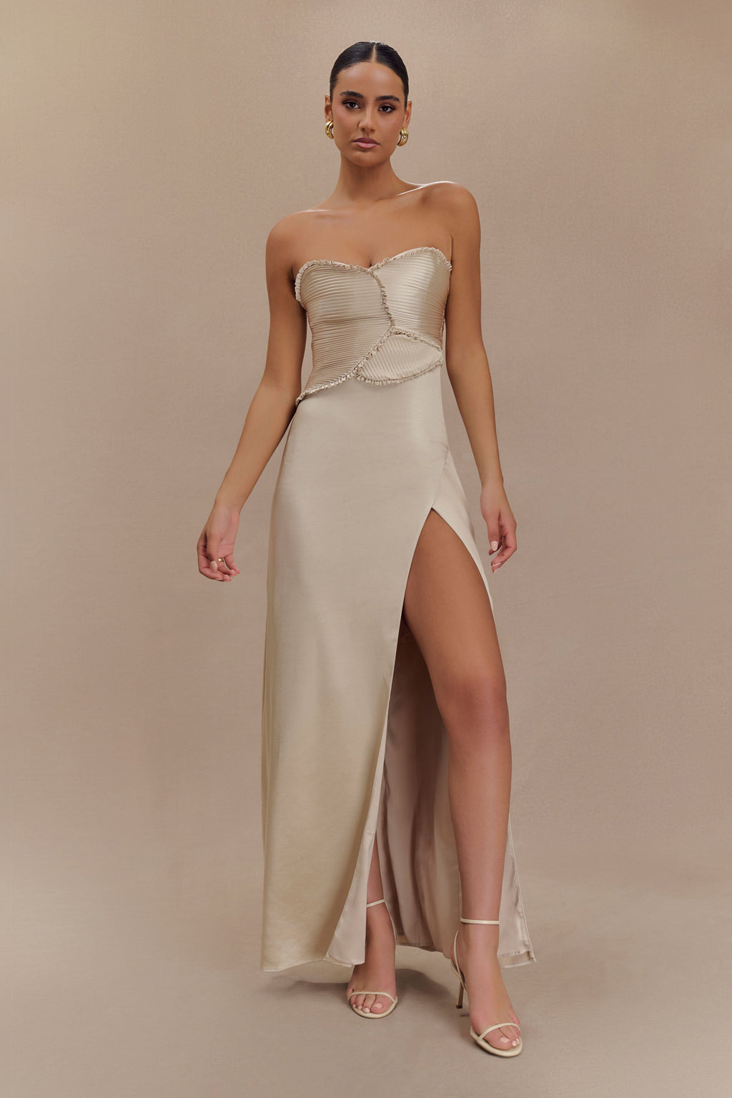 Larissa Satin Maxi Dress With Ruched Petals - Blush Gold