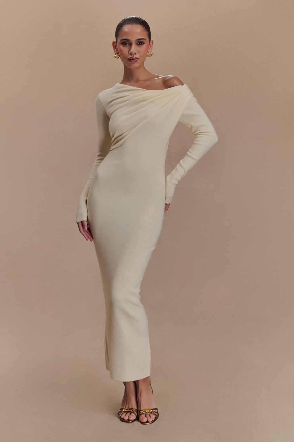 Culver Draped Twist Knit Midi Dress - Cream
