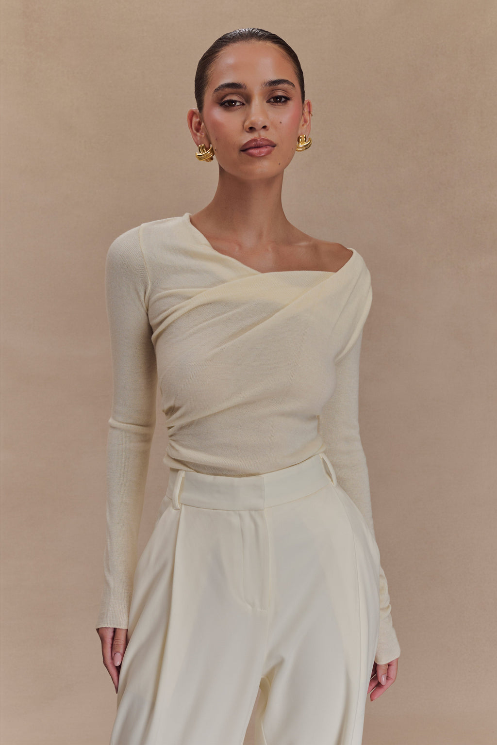 Culver Draped Twist Knit Top - Cream