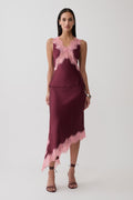 Amber Satin And Lace Midi Skirt - Burgundy