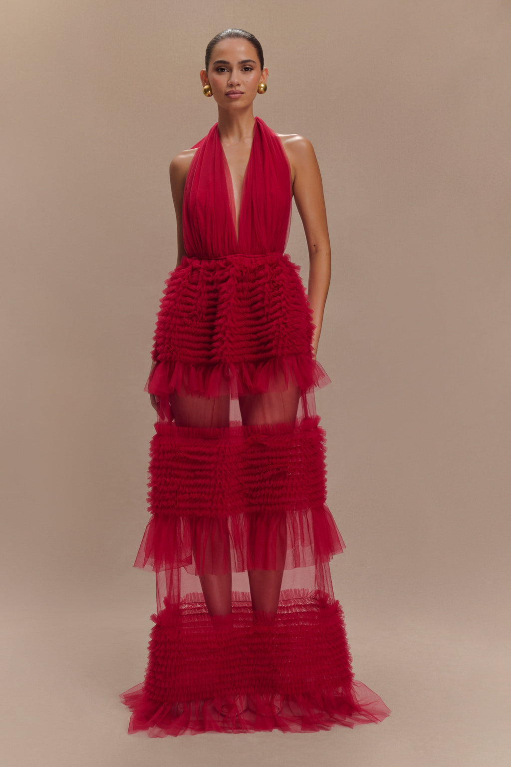 Minka Mesh Ruffle Halter Maxi Dress - Red