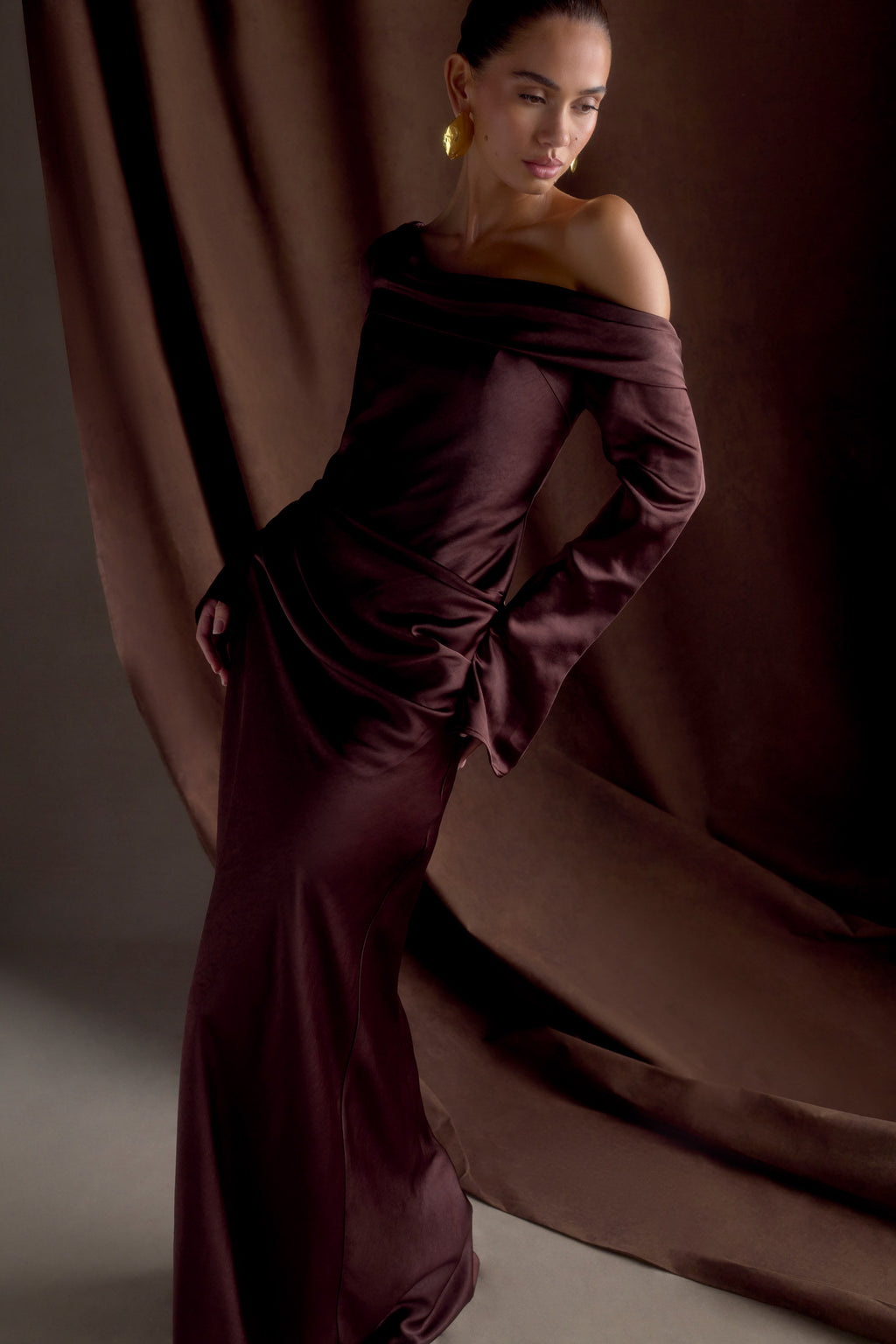 Iris Long Sleeve Satin Maxi Dress - Dark Chocolate