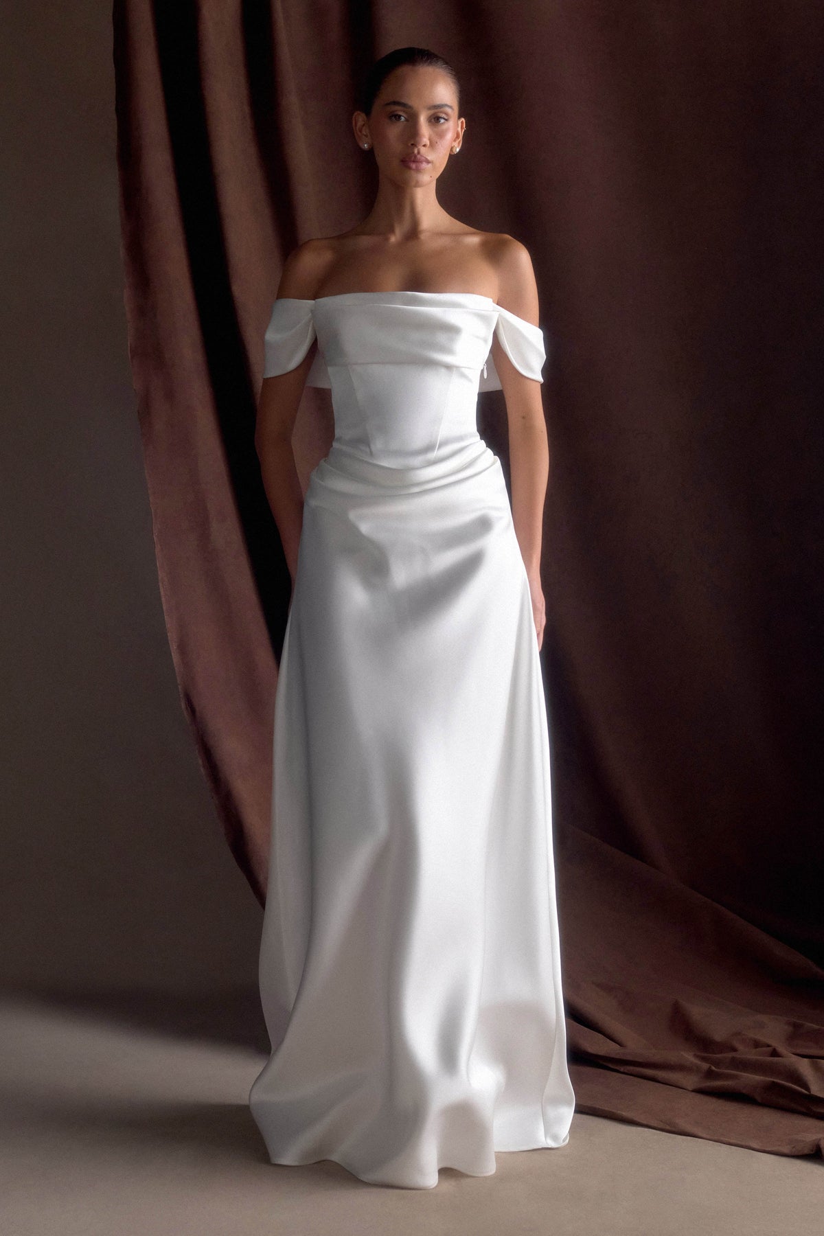 Luna Satin Off Shoulder Gown - White
