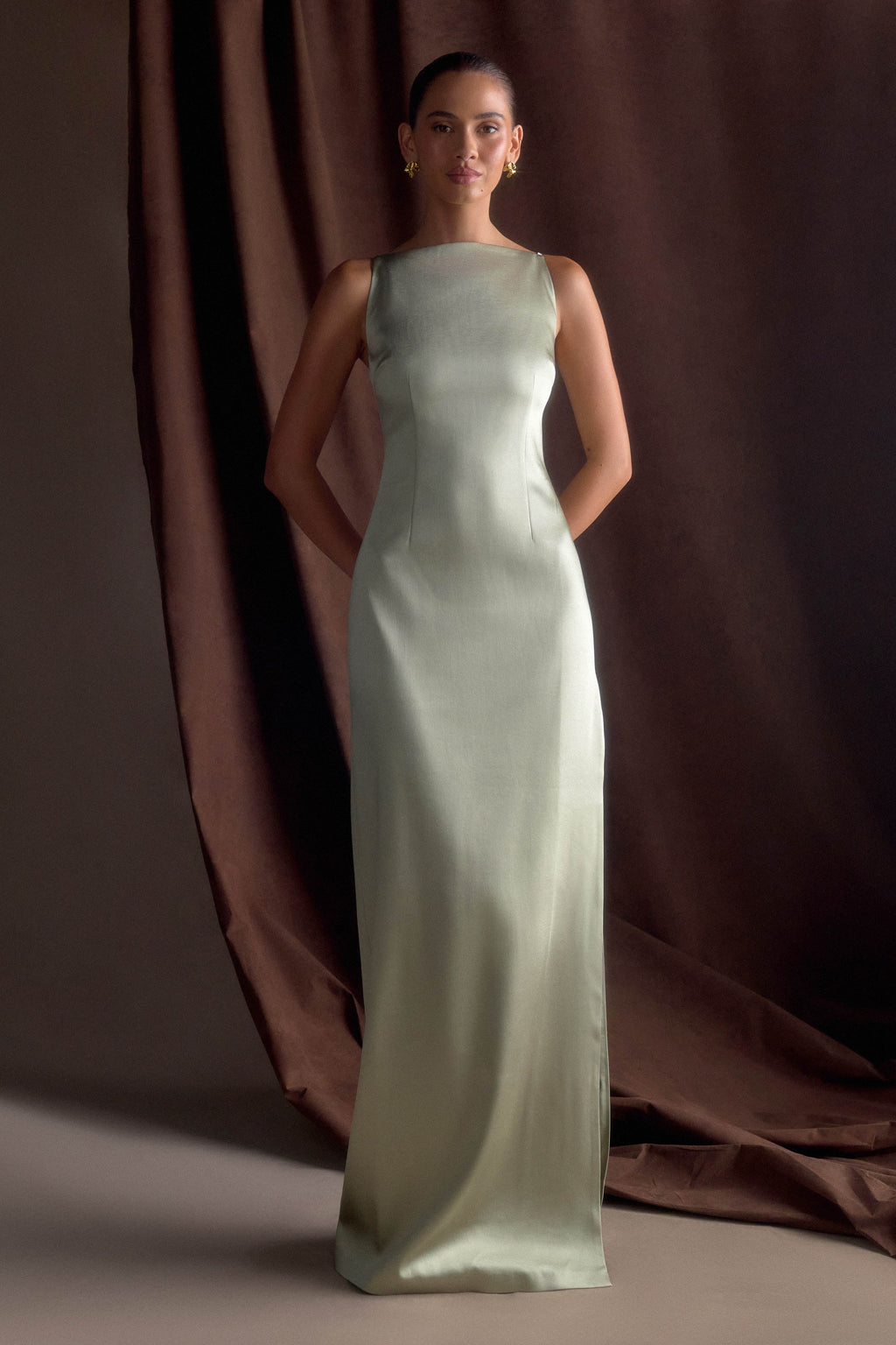 Violet Sleeveless Satin Maxi Dress - Sage
