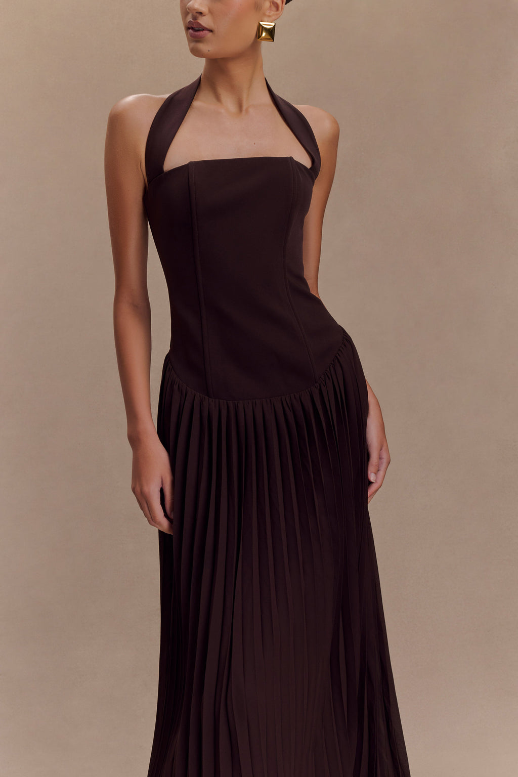 Stacie Pleated Halter Maxi Dress - Cacao