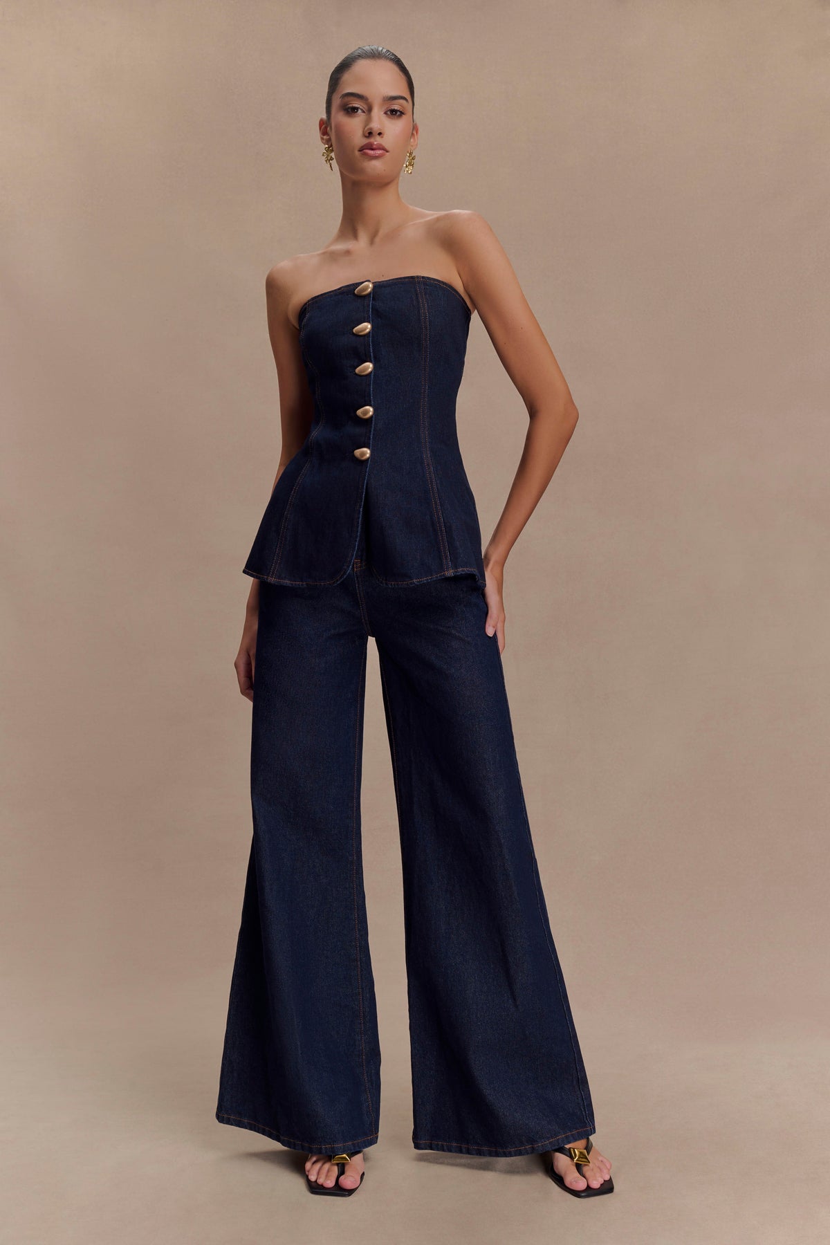 Lennox Strapless Long Line Button Top - Indigo Blue