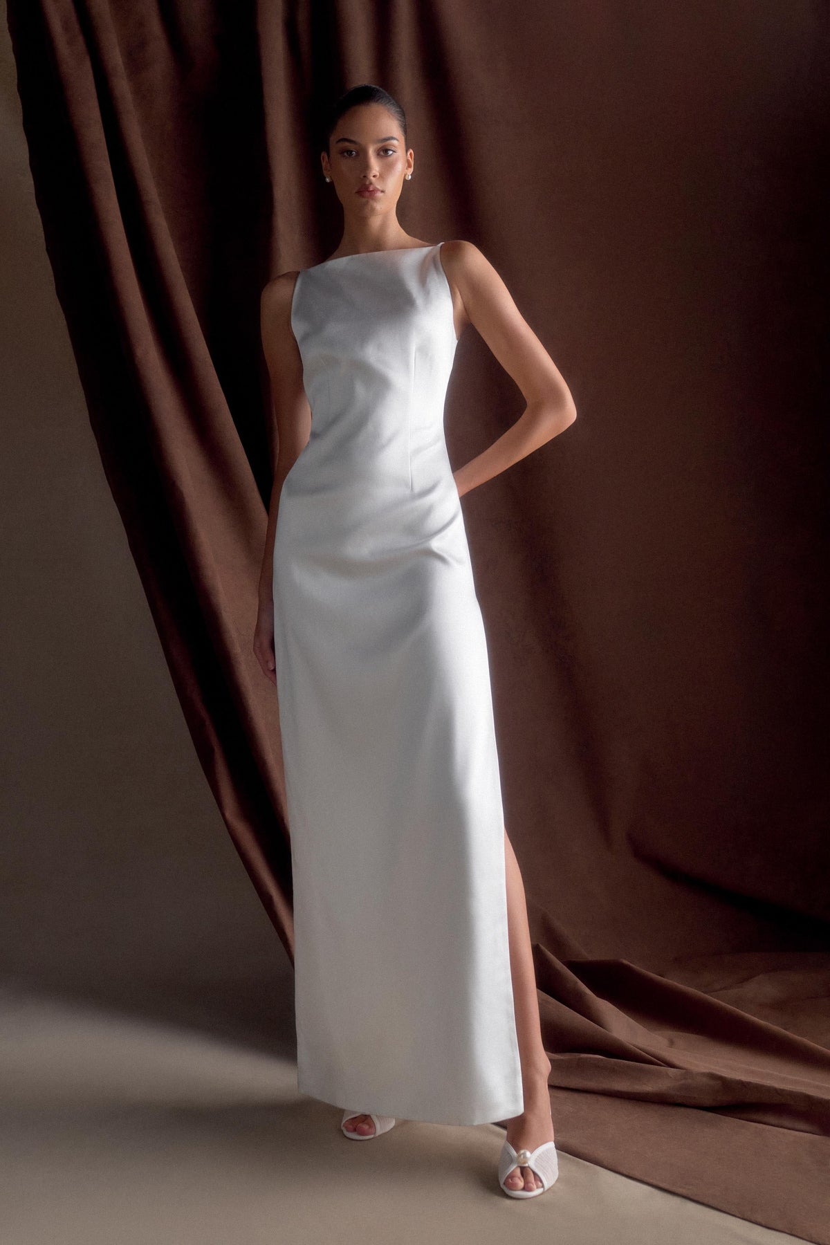 Violet Sleeveless Satin Maxi Dress - White