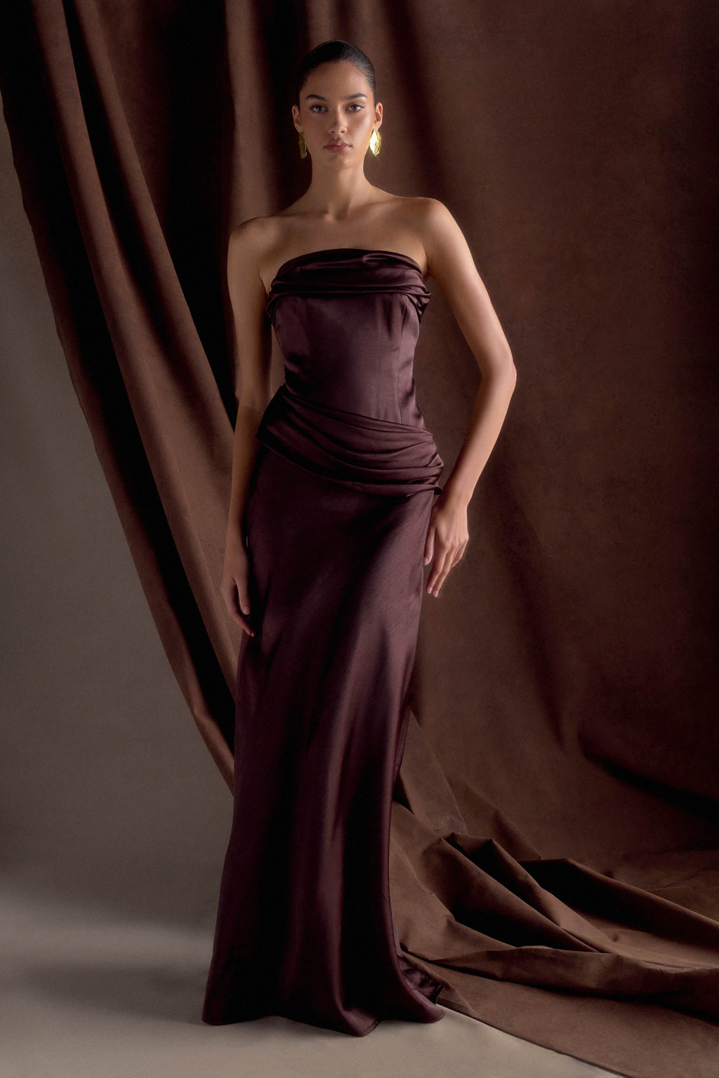 Jasmine Strapless Satin Maxi Dress - Dark Chocolate