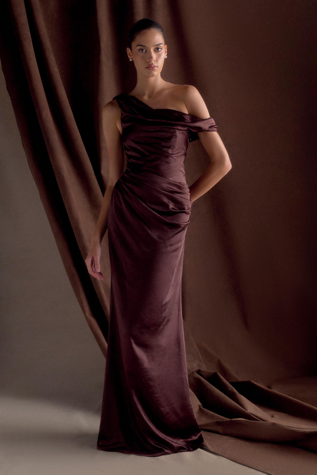 Dalia Off Shoulder Satin Maxi Dress - Dark Chocolate