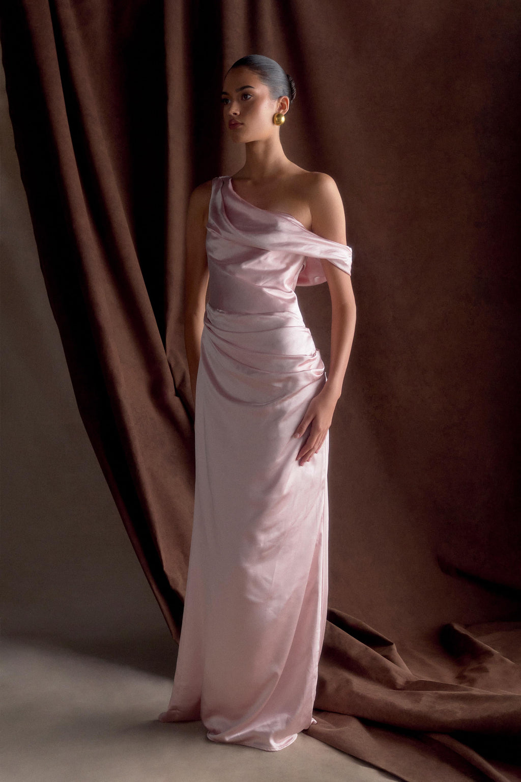 Dalia Off Shoulder Satin Maxi Dress - Soft Pink