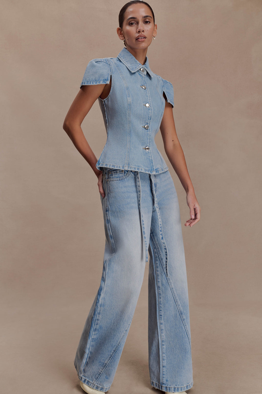 Perrie Mid Rise Straight Leg Tie Jeans - Washed Light Blue
