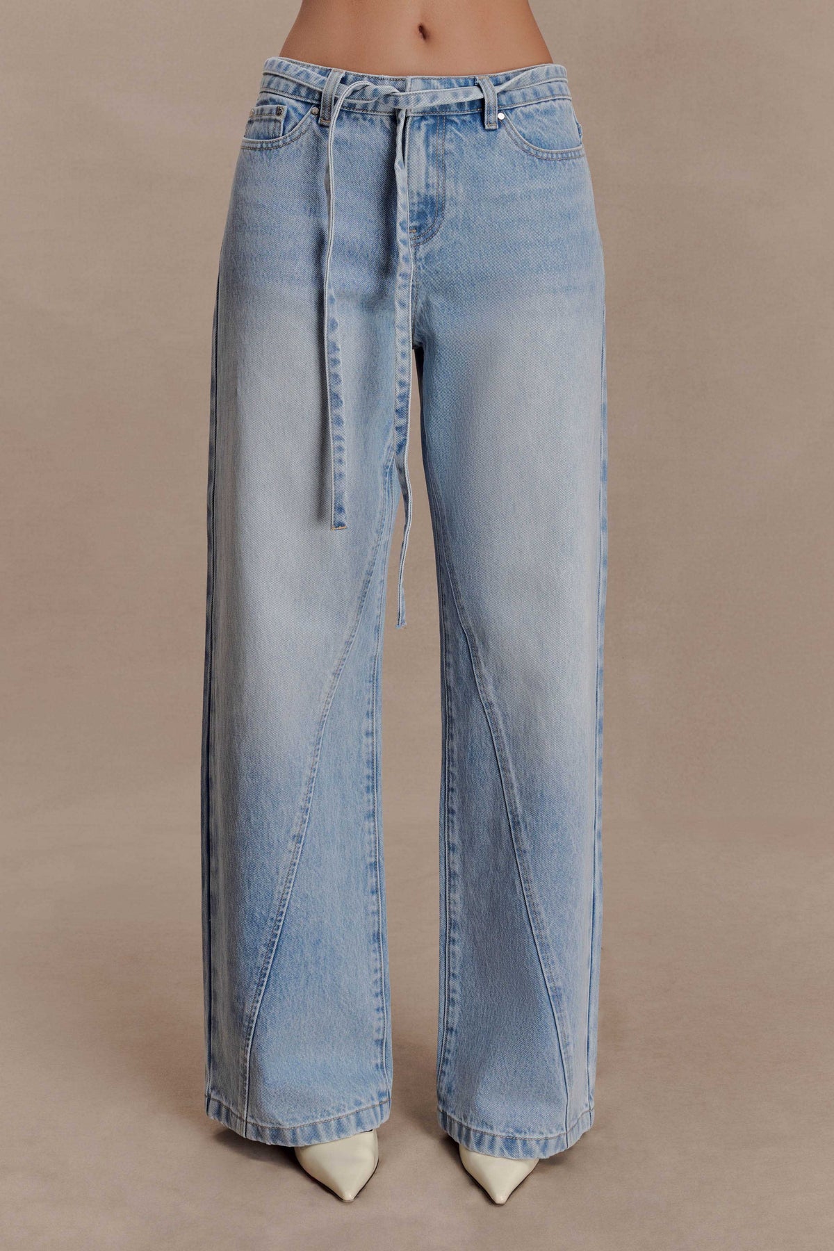 Perrie Mid Rise Straight Leg Tie Jeans - Washed Light Blue