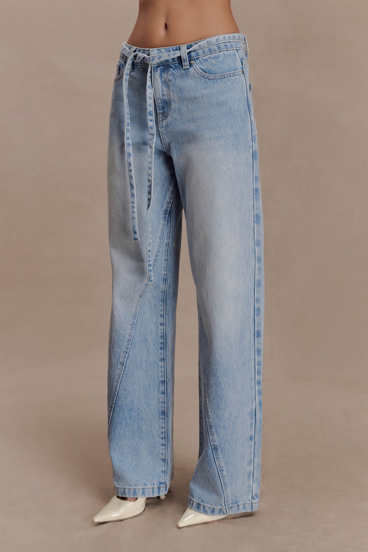 Perrie Mid Rise Straight Leg Tie Jeans - Washed Light Blue