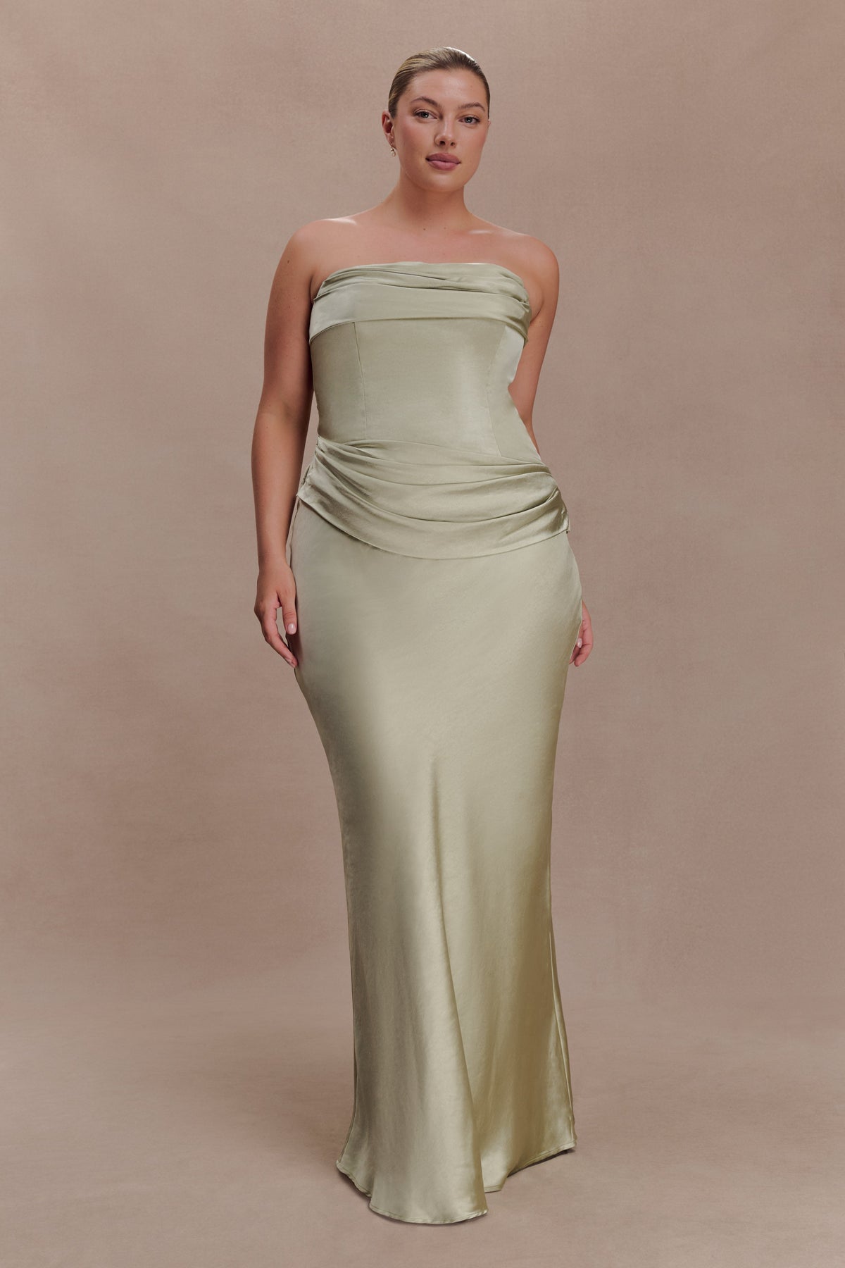 Jasmine Strapless Satin Maxi Dress - Sage