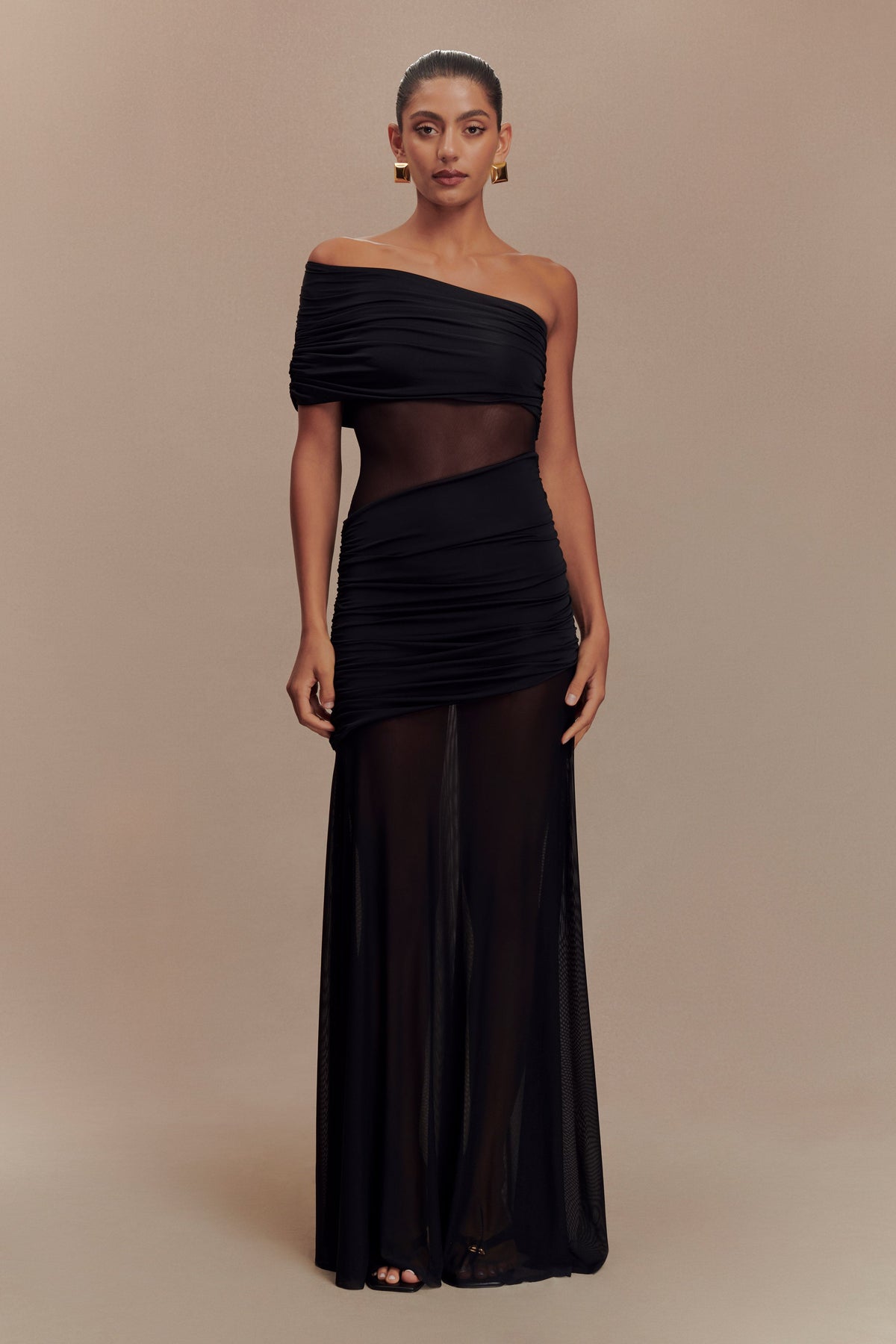 Dallas One Shoulder Mesh Maxi Dress - Black