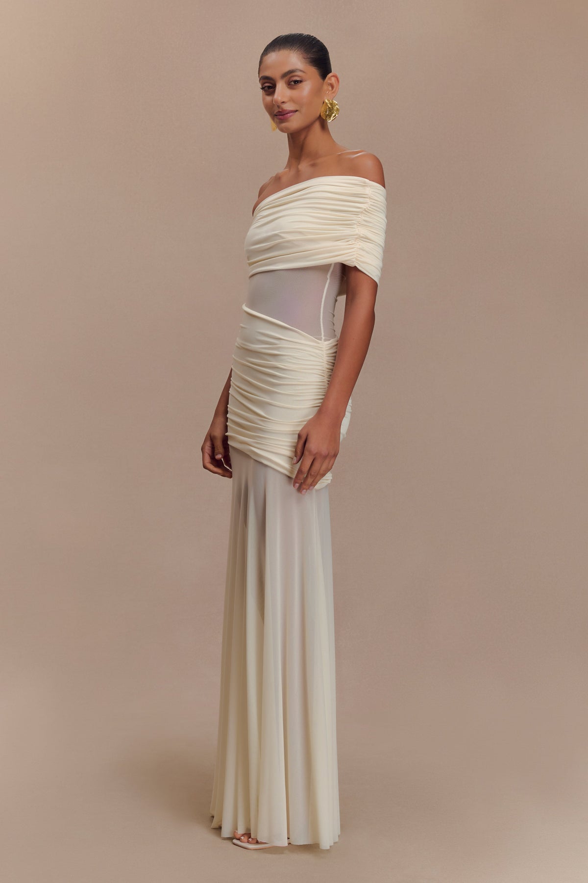 Dallas One Shoulder Mesh Maxi Dress - Ivory