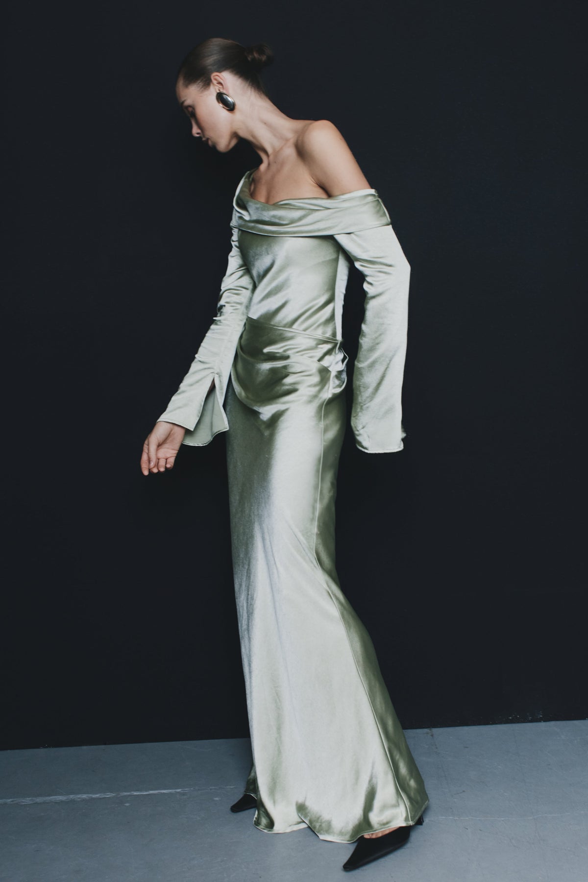 Iris Long Sleeve Satin Maxi Dress - Sage