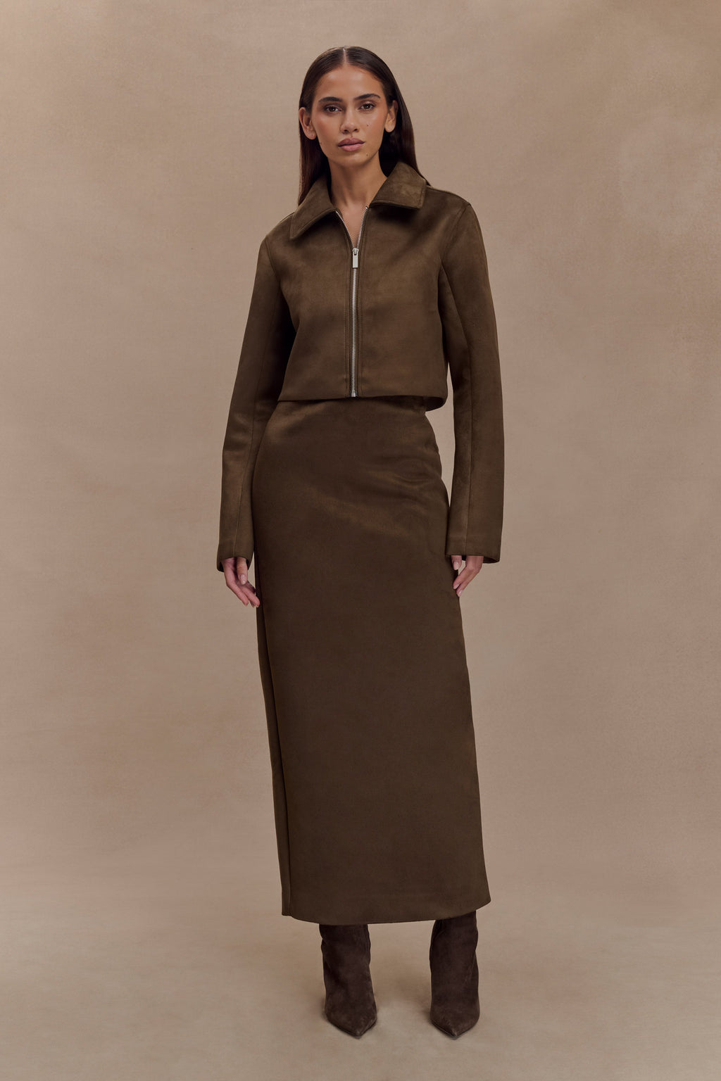 Hayes Faux Suede Midi Skirt - Chocolate