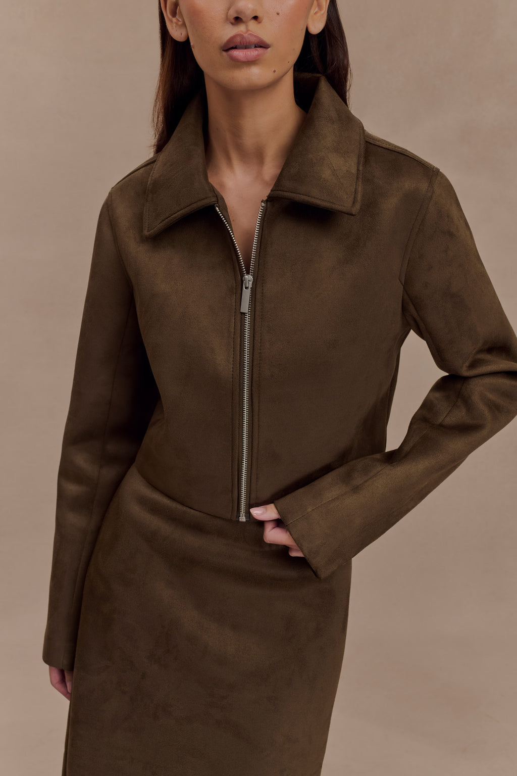Hayes Faux Suede Collared Jacket - Chocolate