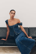 Loretta Cap Sleeve Denim Top - Washed Dark Blue