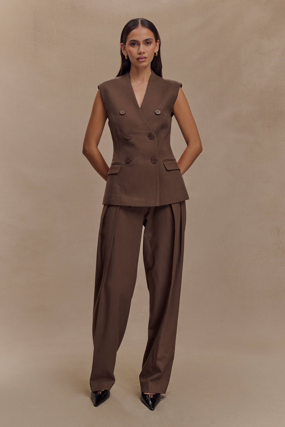 Penelope Pleated High Waisted Pants - Chocolate