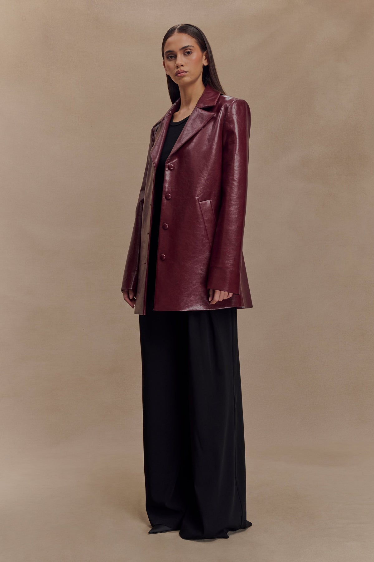 Deborah Faux Leather Coat - Cherry Red