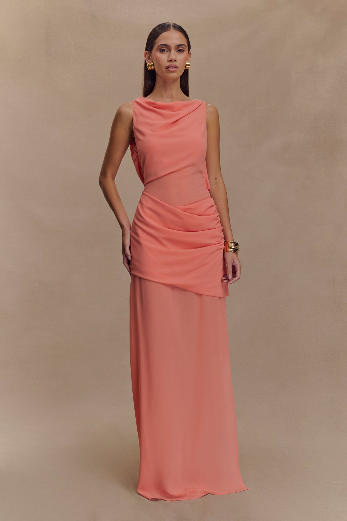 Daria Draped Chiffon Maxi Dress - Pastel Nectarine