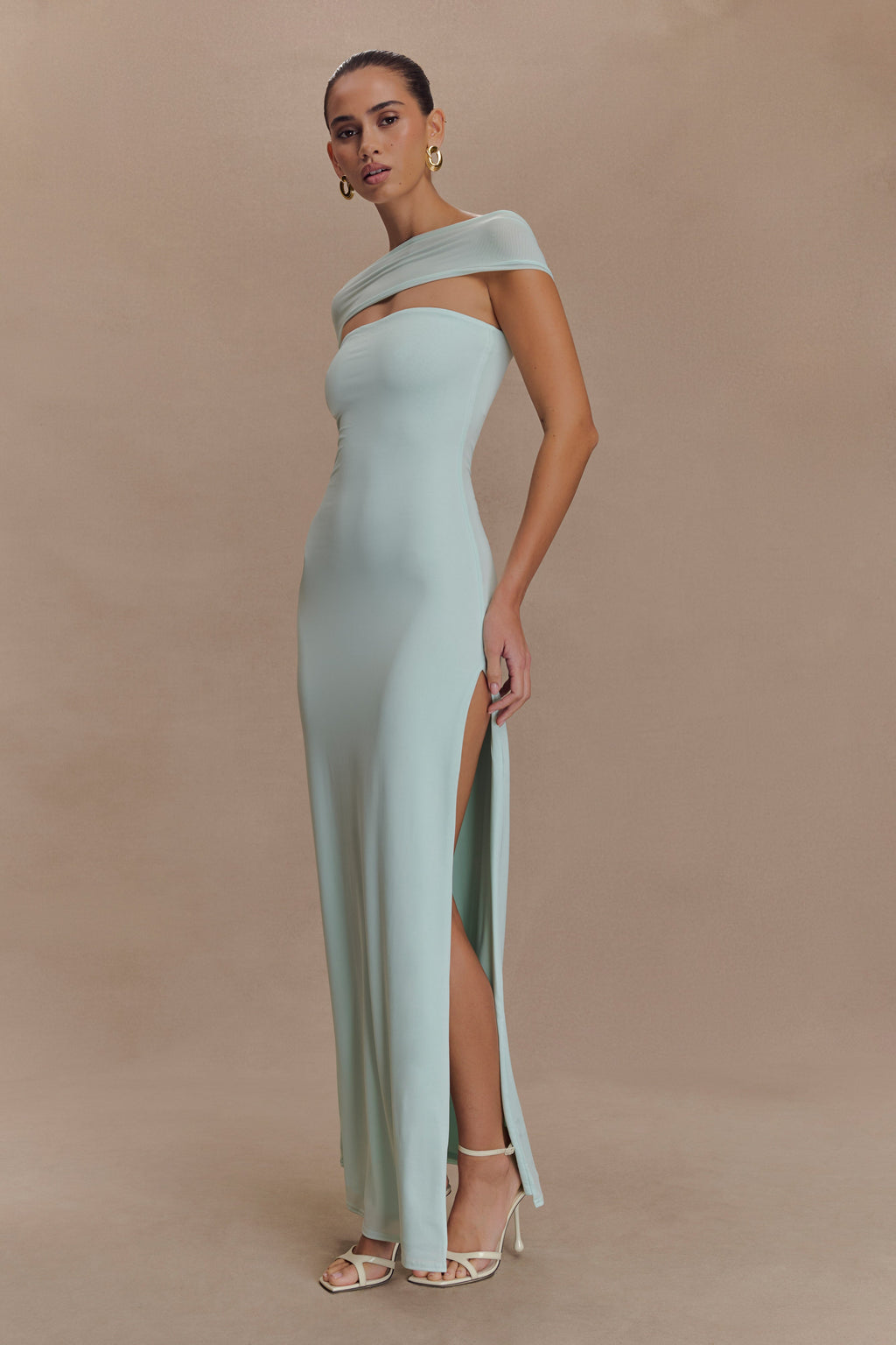 Aurora Slinky And Mesh Split Maxi Dress - Lagoon