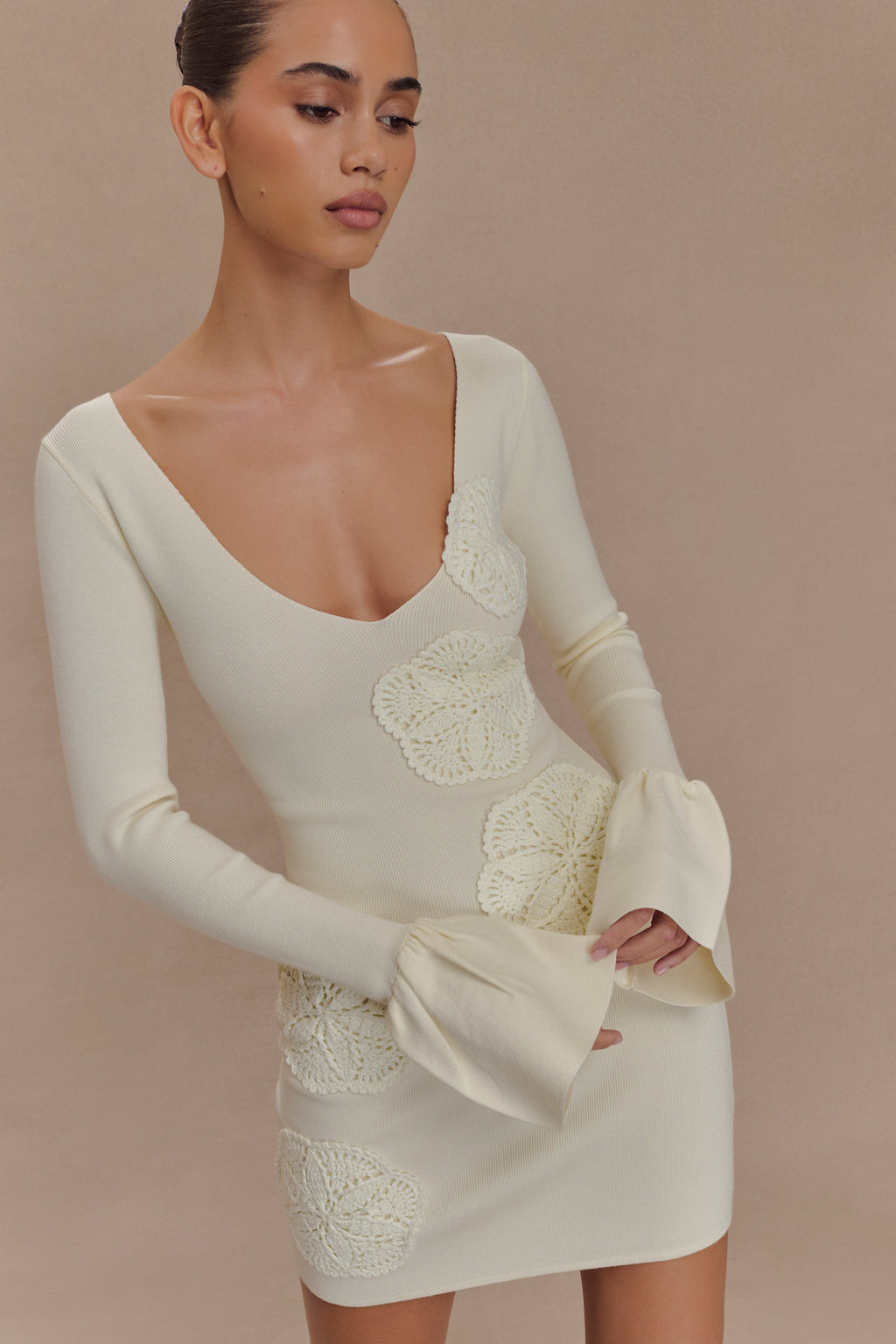 Amari Knit Crochet Knit Mini Dress - Ivory