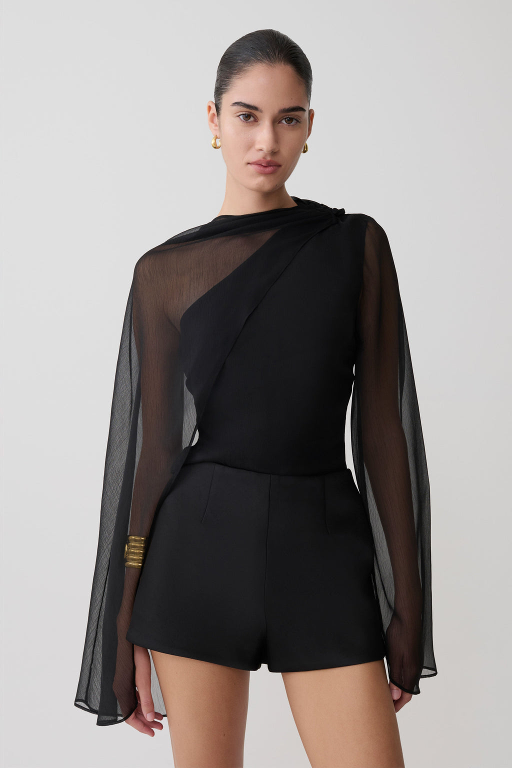 Ida Sheer Asymmetrical Long Sleeve Cape - Black