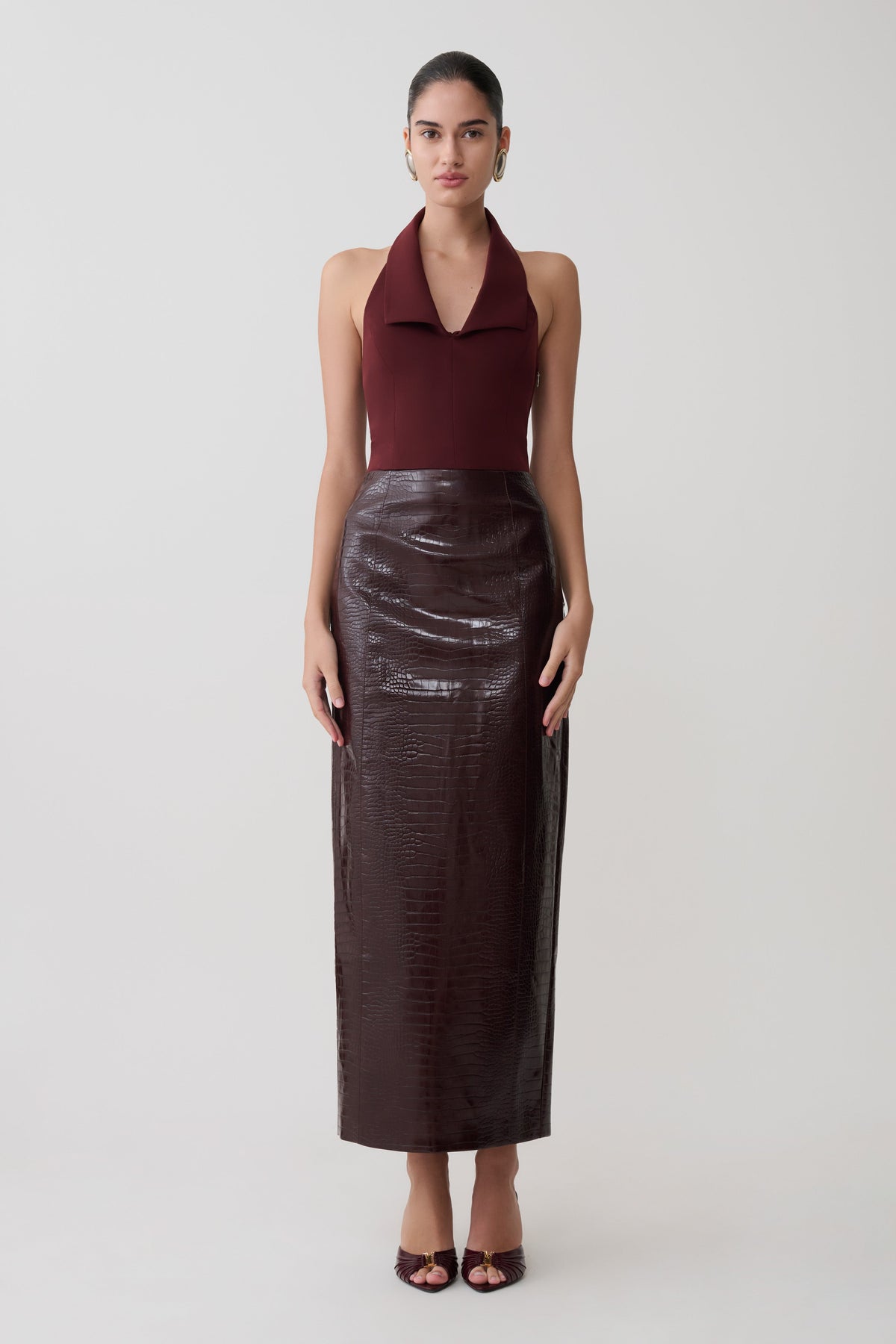 Thalia Croc Faux Leather Midi Skirt - Merlot