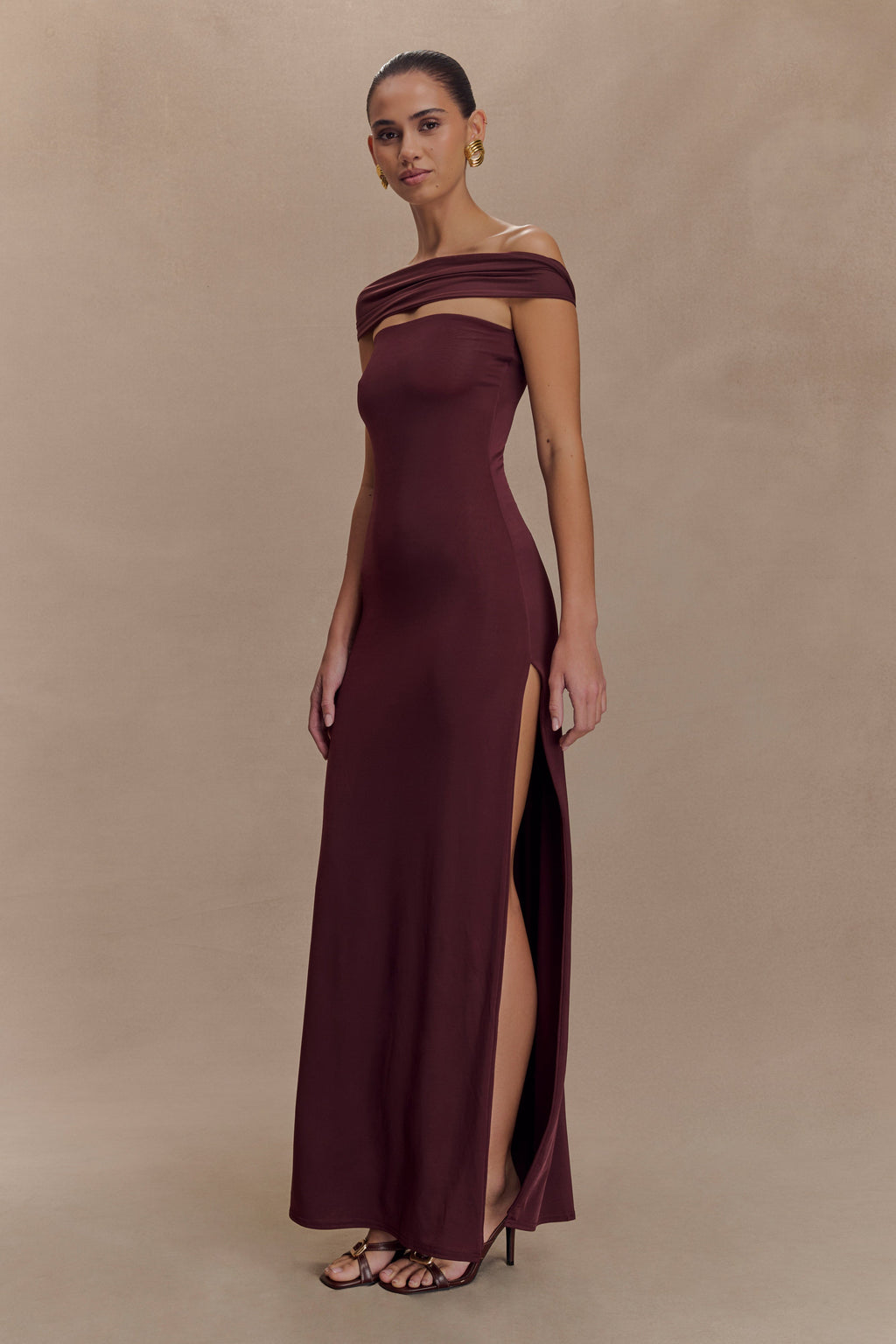 Aurora Slinky And Mesh Split Maxi Dress - Mahogany
