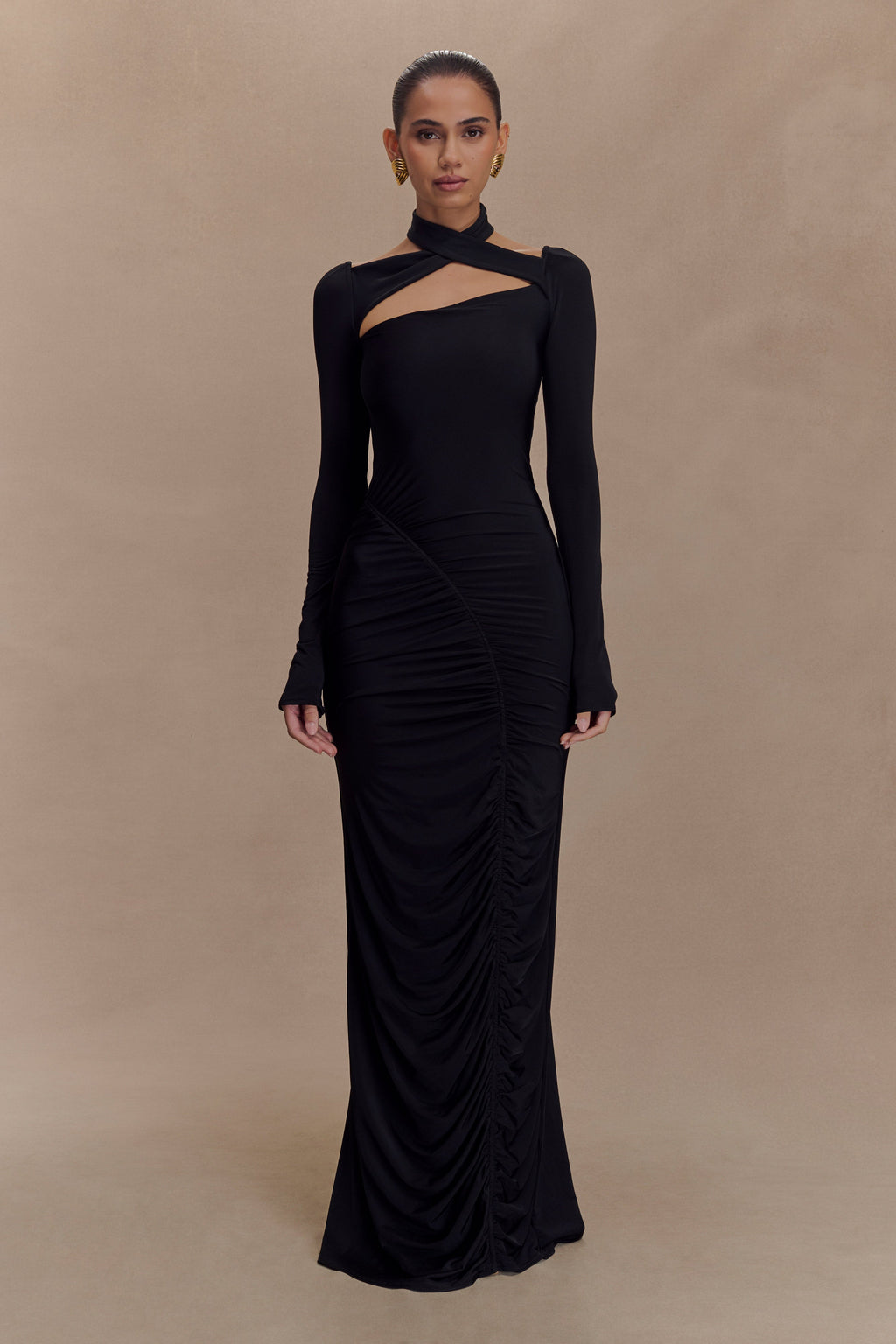 Lyndon Long Sleeve Slinky Maxi Dress - Black
