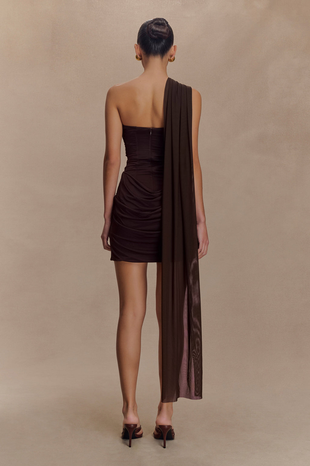 Mattea Slinky And Mesh Mini Dress With Scarf - Dark Chocolate