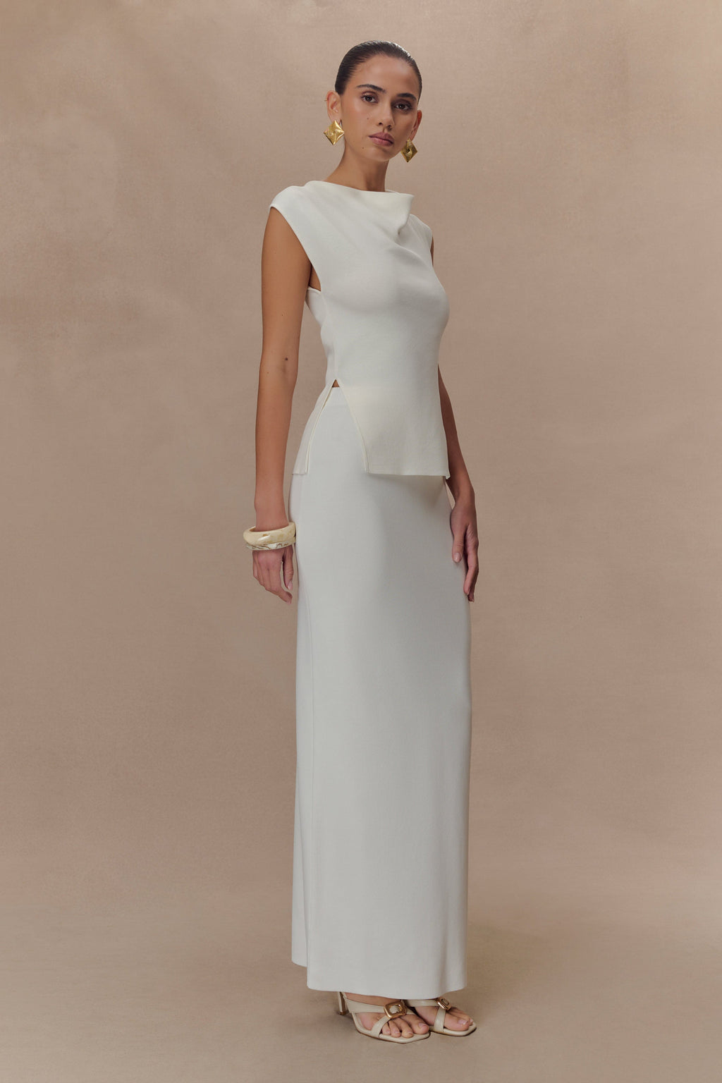 Francisca Cowl Neck Knit Top - White