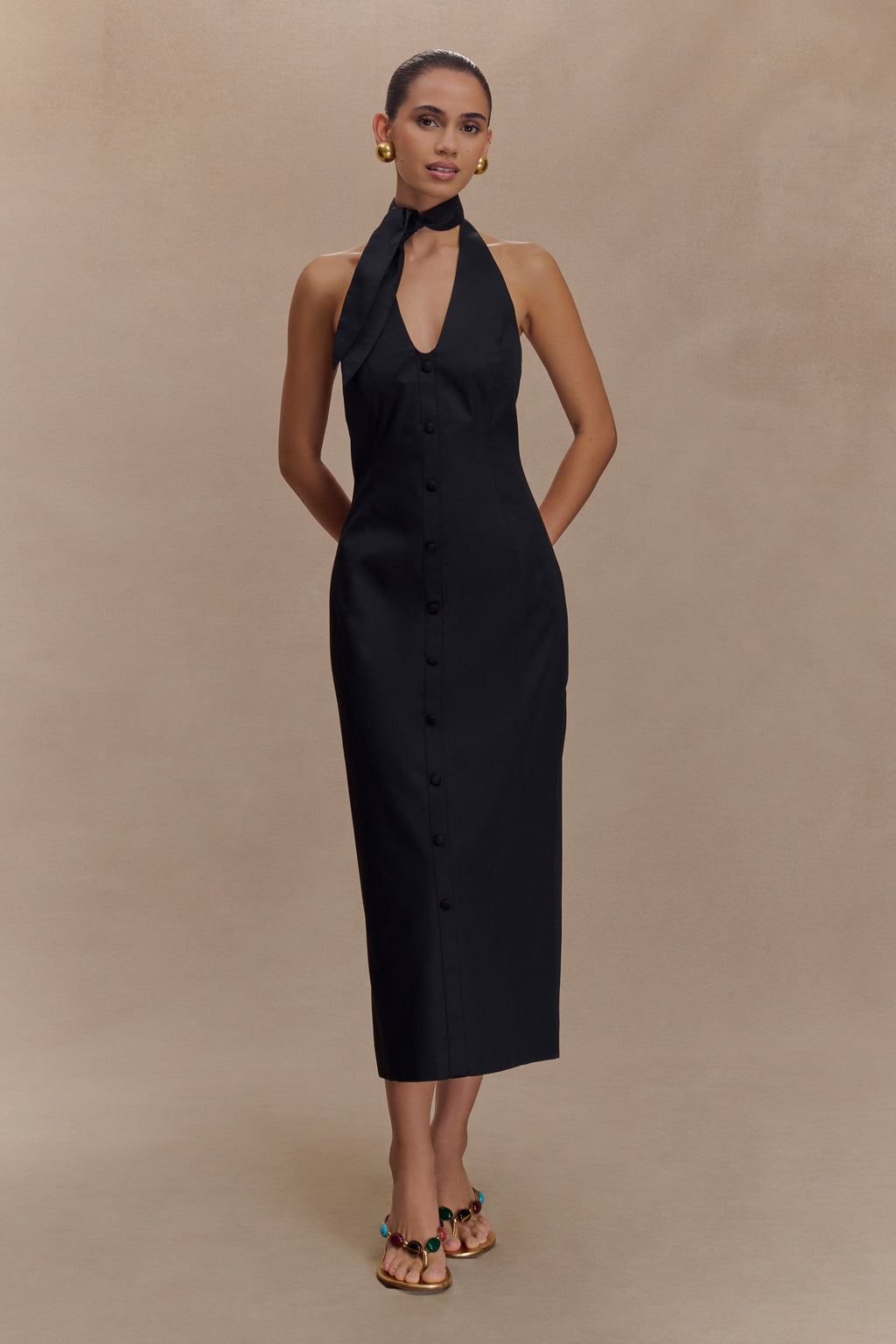 Simona Halter Neck Midi Dress - Black