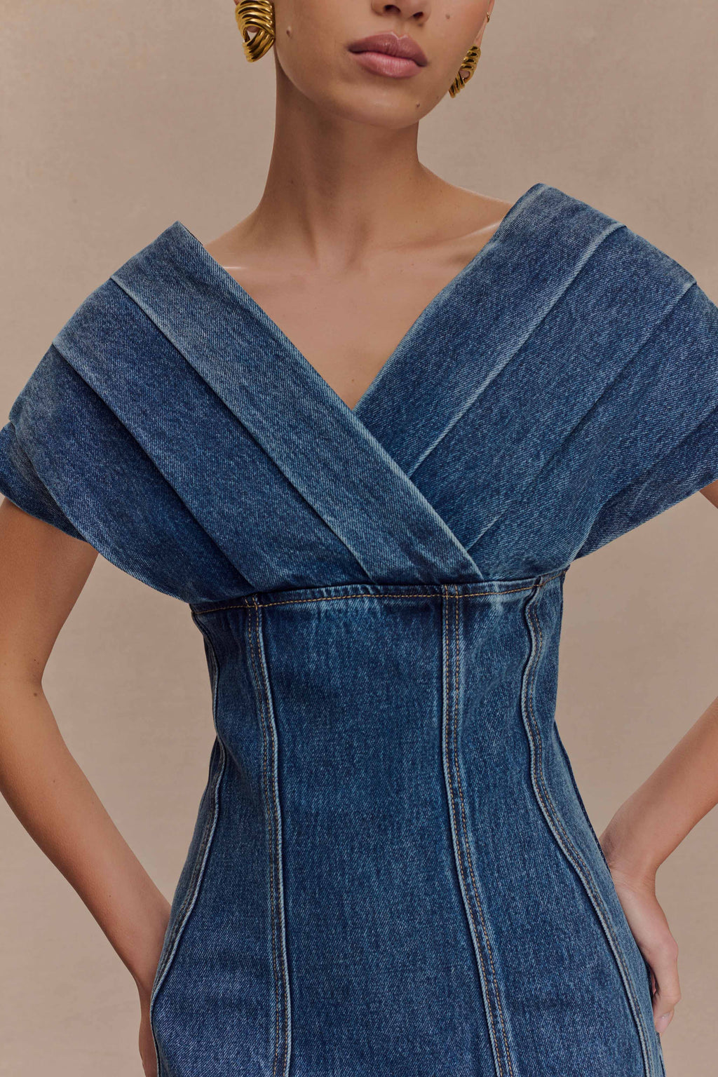 Pascale Off Shoulder Denim Mini Dress - Washed Dark Blue