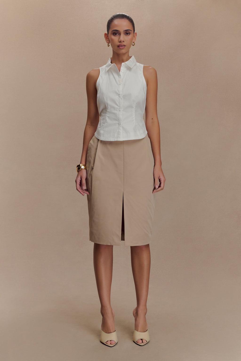 Vera Twill Split Front Midi Skirt - Camel