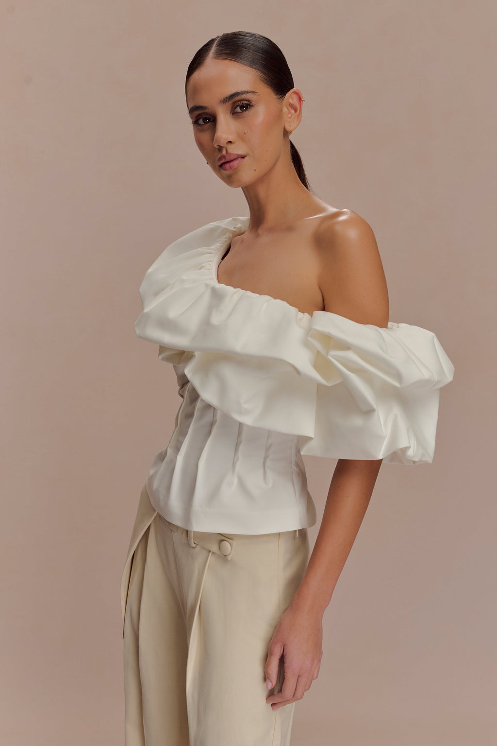 Debbie One Shoulder Bubble Top - White