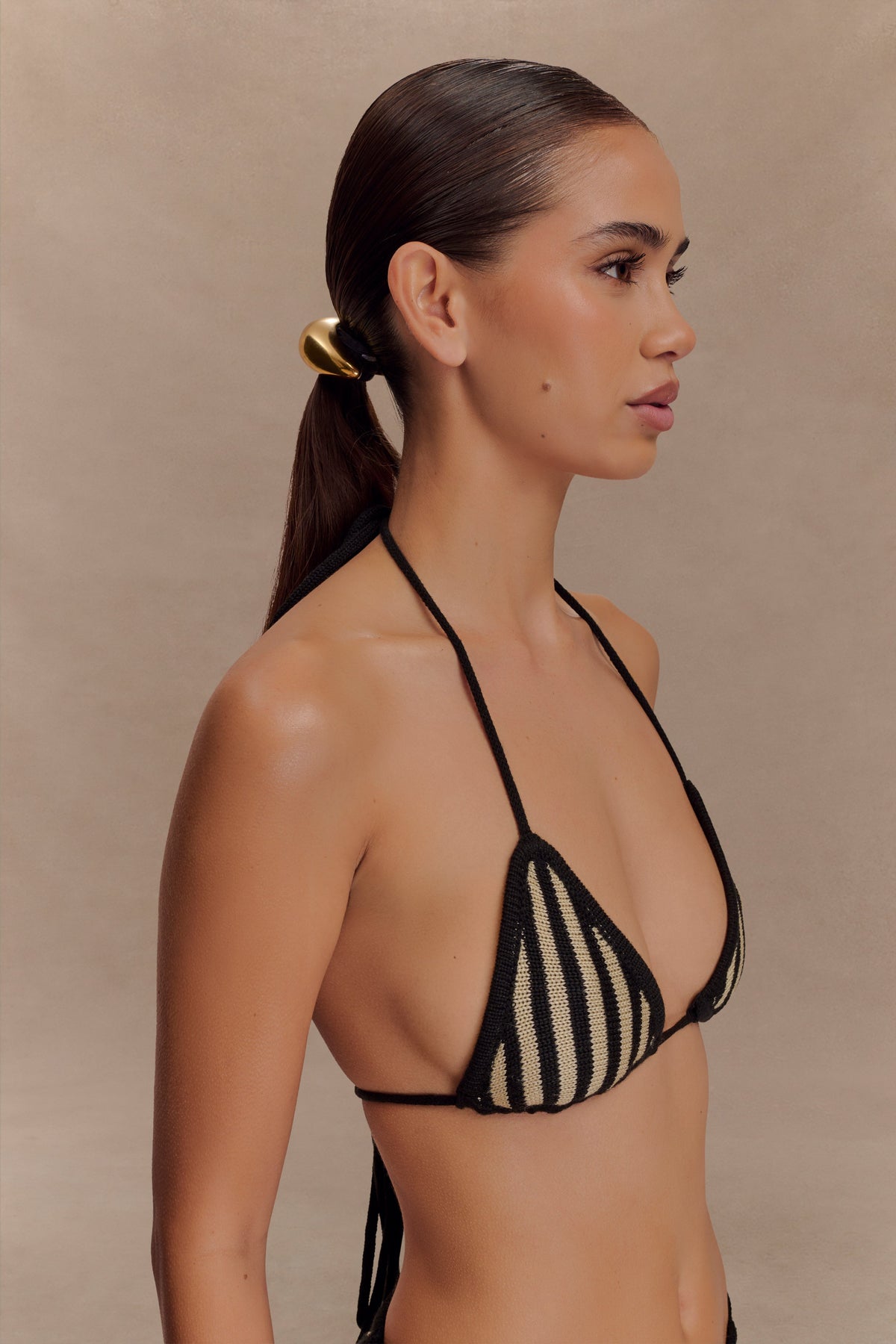Corrie Crochet Tie Up Bikini Top - Black And Neutral Stripe