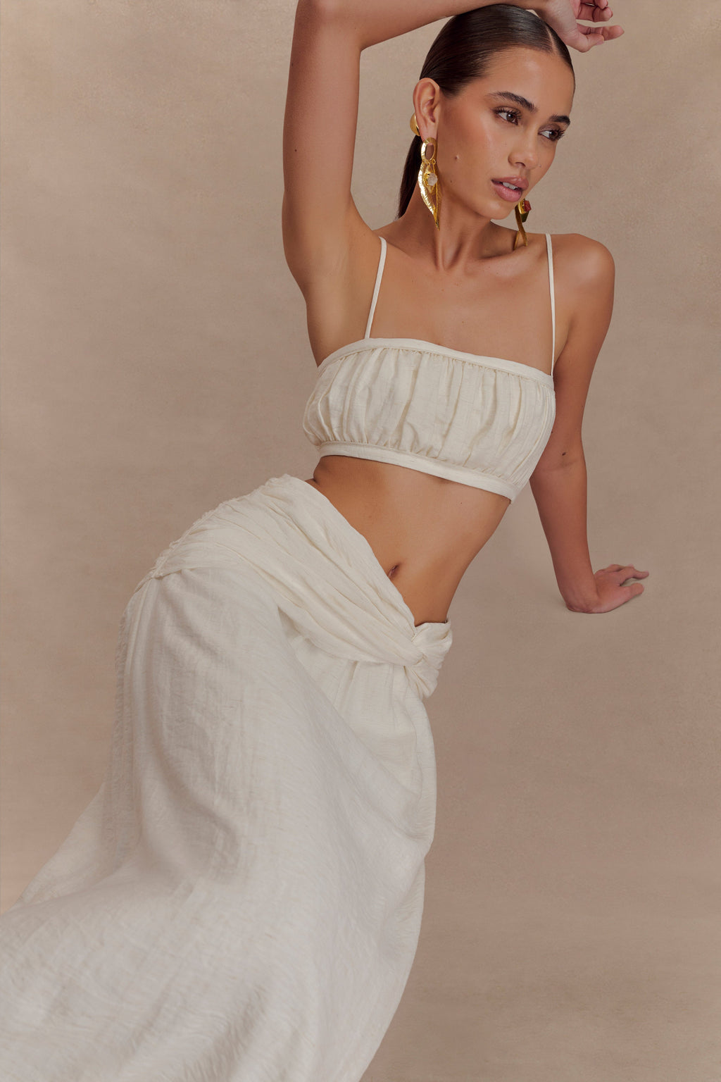 Scottie Gathered Linen Knot Maxi Skirt - Oat Marle