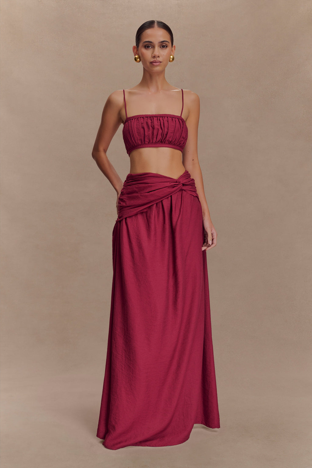 Scottie Gathered Linen Knot Maxi Skirt - Wine