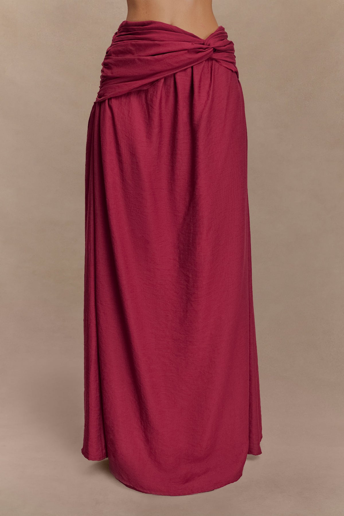 Scottie Gathered Linen Knot Maxi Skirt - Wine