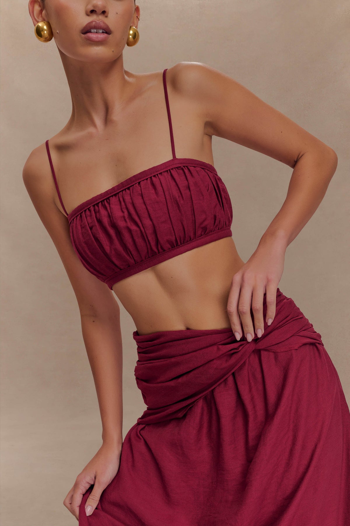 Scottie Shirred Linen Bandeau - Wine