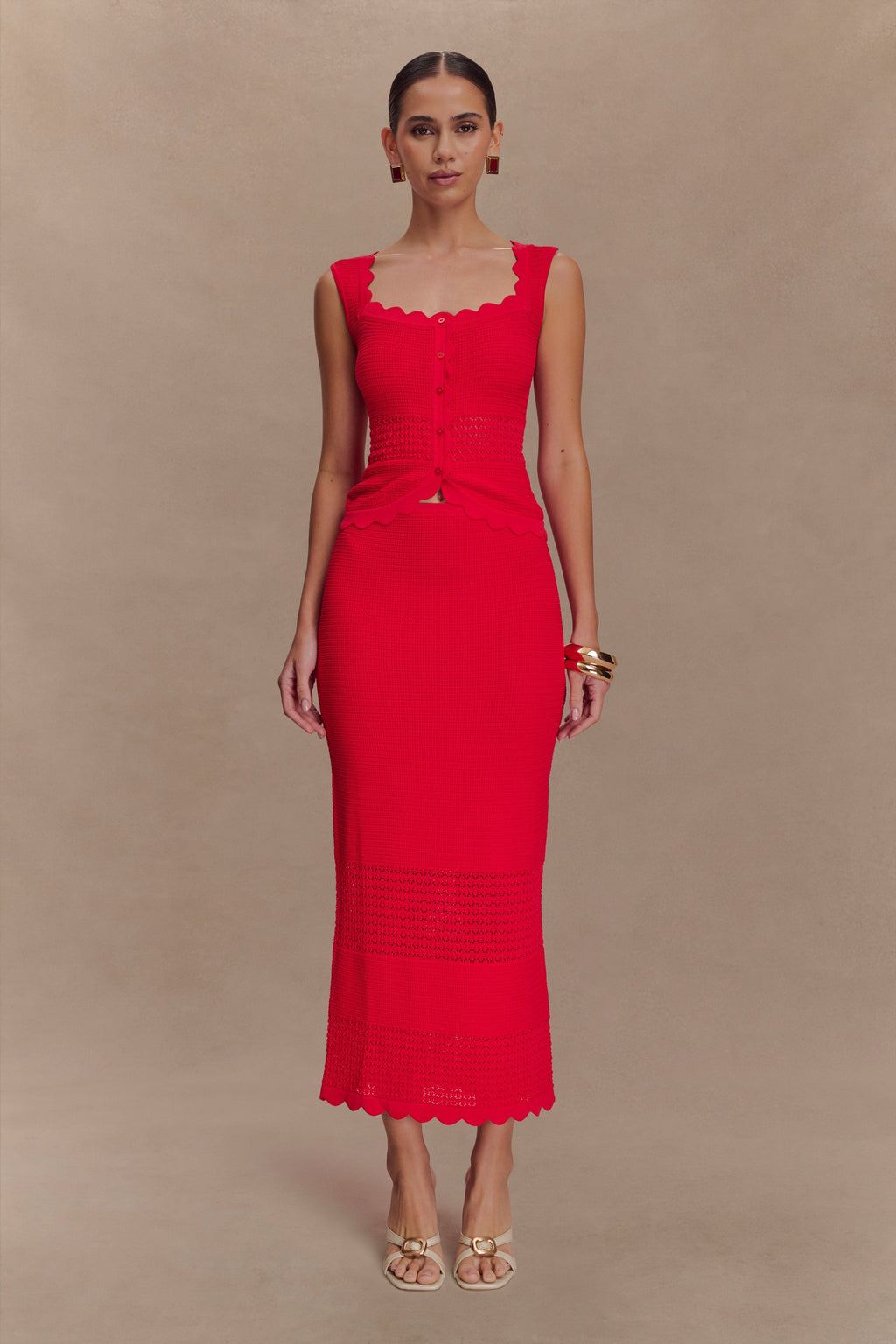 Madeline Scallop Knit Midi Skirt - Red